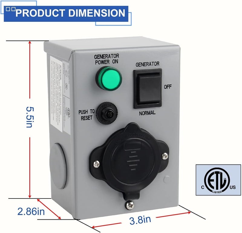 OPL5 15A Manual Generator Transfer Switch, Pre Punched Knockouts,125V Weatherproof NEMA 5-15P Inlet Circuit Breaker for Generators Indoor and Outdoor Use, ETL Listed - Image 4